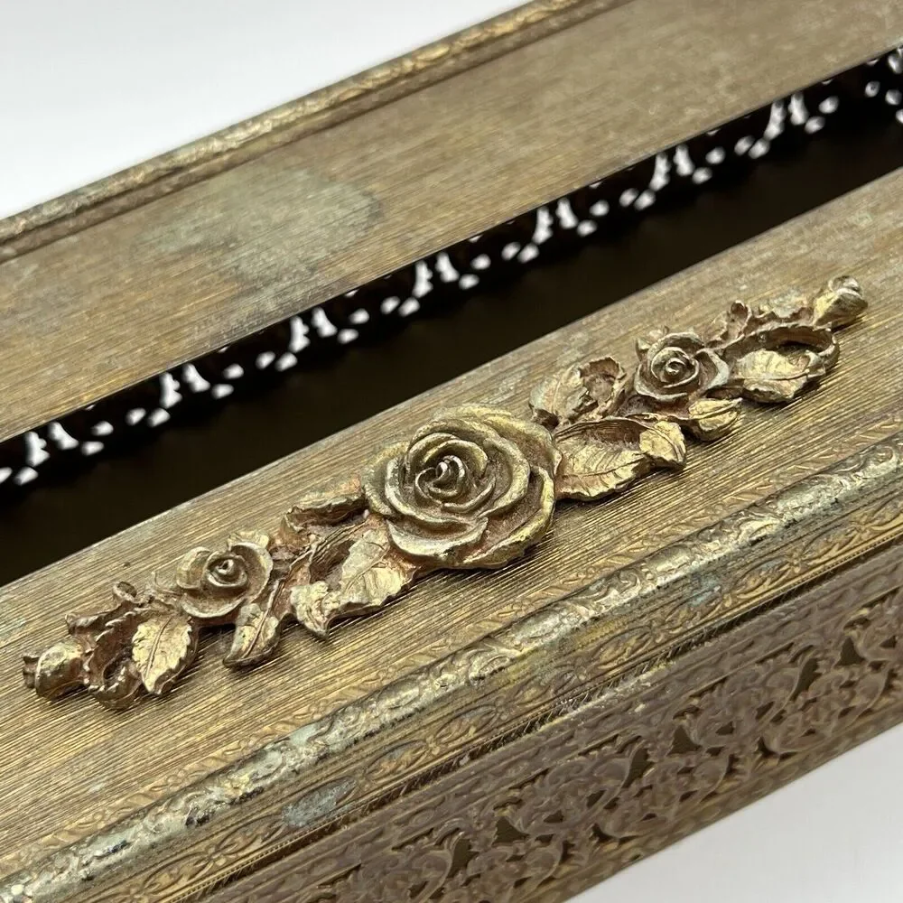 Vtg Metal Gold Brass ROSE Tissue Box Cover Holder Hollywood Regency MCM Glam